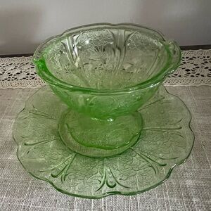 Two piece green depression glass. Cherry Pattern. Plate & Pedestal Dessert Dish.